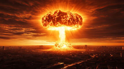 Large orange mushroom cloud is rising over a city