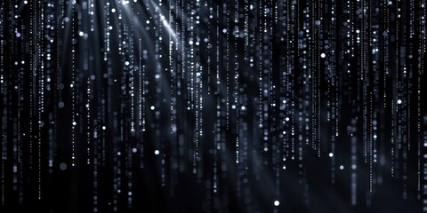 A digital abstract image with cascading light particles against a dark background.