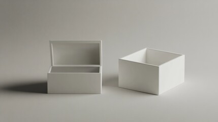 Two blank white boxes, one open, one closed, on a neutral background.