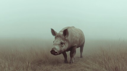 Fototapeta premium Pig walking in foggy field.
