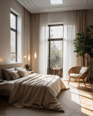 Fototapeta premium Elegant bedroom with luxury traditional design neutral colors and expansive windows for natural light Contemporary Interior Design Inspiration