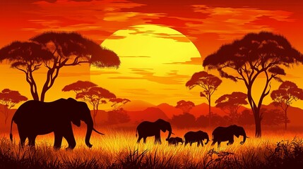 Fototapeta premium African Elephant Silhouette Sunset: A Warm, Serene Landscape Painting