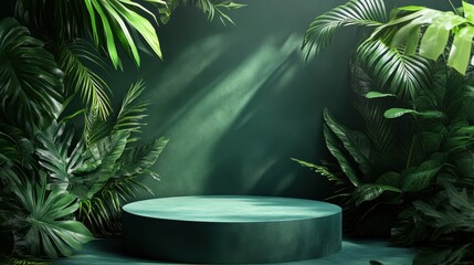 Lush green foliage surrounds a teal pedestal. Ideal for product displays, showcasing eco-friendly brands, or tropical themes.