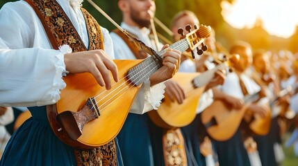 Traditional musicians performing with vibrant instruments, showcasing cultural heritage and lively expressions in a festive atmosphere.