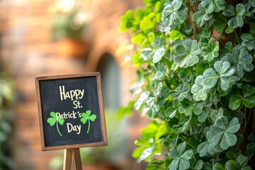 Happy St Patrick's Day greeting displayed among vibrant green clovers in a cozy garden setting