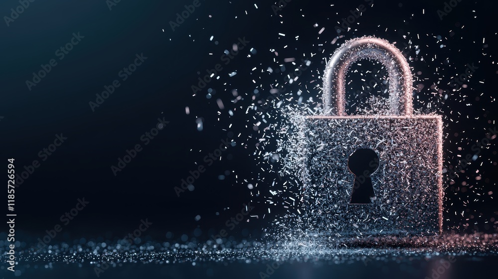 Poster a conceptual image of a digital lock being broken by lines of malicious code, symbolizing a successf