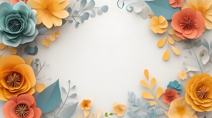 Pastel Paper Flowers Frame White Background
