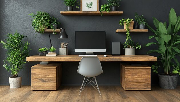 Desk with PC and many plants against dark wall, home office concept - Powered by Adobe