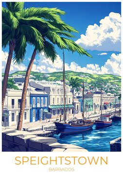 Speightstown Barbados Travel Poster Flat Illustration Print Decor Gift Canvas Wall Art Gift