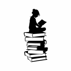 A girl is sitting on a stack of books. She is reading a book. The books are stacked on top of each other