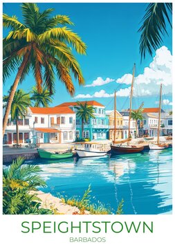 Speightstown Barbados Travel Poster Flat Illustration Print Decor Gift Canvas Wall Art Gift