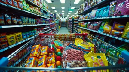 A shopping cart filled with colorful candy and chocolate bars in a supermarket aisle showcasing sweet treats for purchase
