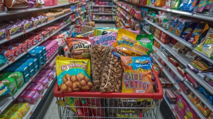 A shopping cart loaded with colorful candy and packaged snacks placed in a vibrant supermarket aisle perfect for fun shopping
