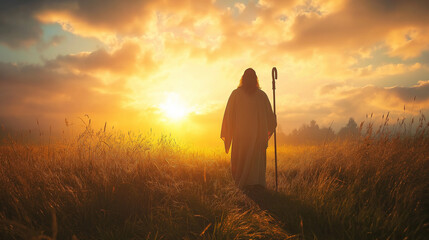 Jesus Christ Standing with Wooden Wand Cane at Sunset. Space for text. Heaven and Second Coming concept. Background for Easter. Generative AI.