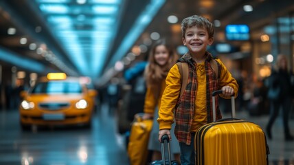 Obraz premium Joyful Child Traveling with Luggage in a Busy Airport Terminal with Taxi in Background