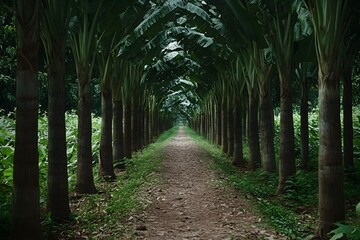 Banana plantation path, tropical foliage, agriculture, nature, walkway