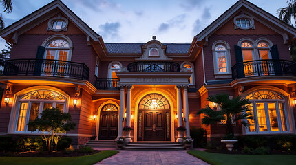 Night-time View of a Brick Mansion with Symmetrical Design