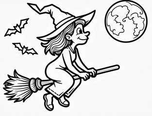 Fototapeta premium Coloring page of a witch flying on a broomstick with bats and a full moon. you can print it 
