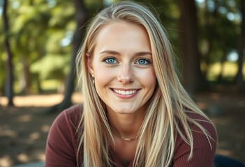Naklejka premium Blonde woman in a natural environment with a sunny sky