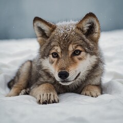 Fototapeta premium A playful wolf cub lying on a soft white blanket.