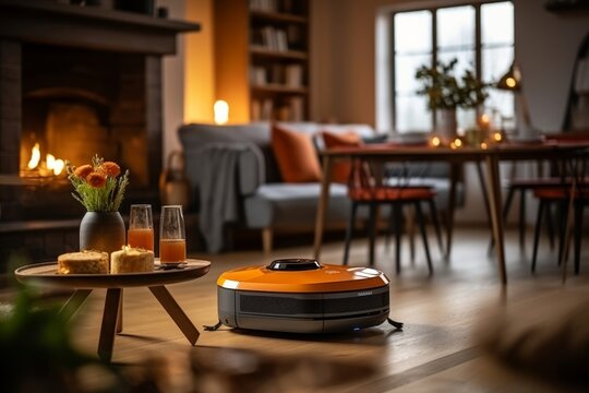 robot vacuum cleaner cleaning the interior of a living room with a fireplace