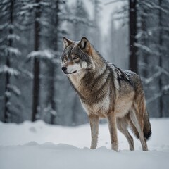 Fototapeta premium A majestic gray wolf standing on a snowy white background.