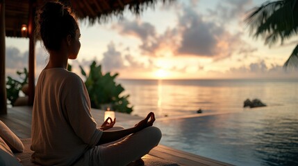 Woman meditating at sunset by the tranquil ocean