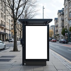 A blank billboard on a bus stop in a city street, surrounded by bare trees and buildings.