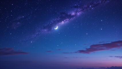 A Breathtakingly Serene Starry Night Sky with a Blanket of Twinkling Stars, a Crescent Moon, and Soft Clouds, Evoking a Sense of Calm and Wonder under the Vast Cosmos