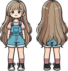 Young girl with long hair, wearing overalls and sneakers,
