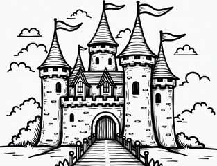 Obraz premium Coloring page of a fairy tale castle with turrets, banners, and a drawbridge. you can print it 