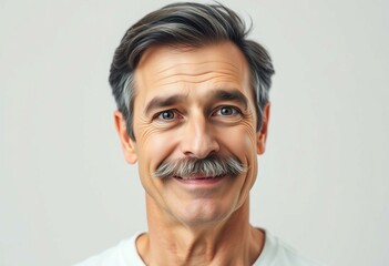 Portrait of a middle-aged man with a moustache, neutral background, and a hint of playfulness