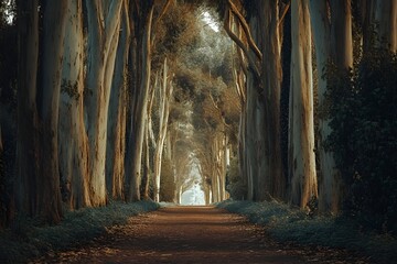 Sunlit Eucalyptus Tree Tunnel Path, Nature, Park, Background, Calm, Travel