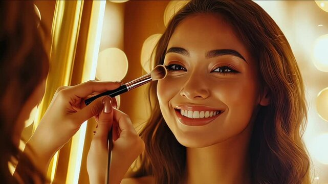 A young and beautiful woman has her makeup done on her wedding day by a professiona
