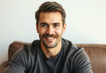 Fototapeta premium A man with a moustache, smiling, with a neutral background