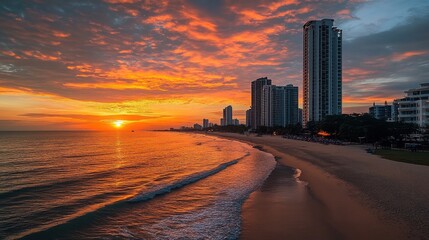 Stunning sunset over beach city skyline. Perfect for travel, real estate, or coastal themes.