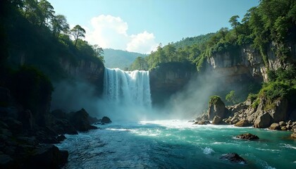 Fototapeta premium A serene waterfall cascades down surrounded by lush trees and rugged rocks, creating a tranquil natural scene