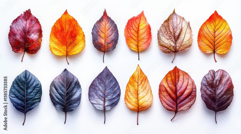 Wall mural Colorful autumn leaves arranged in rows on white background. (1)