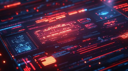 Obraz premium Abstract Futuristic Digital Interface: Red and Blue Neon Glowing Lines and Data Streams on a Dark Screen