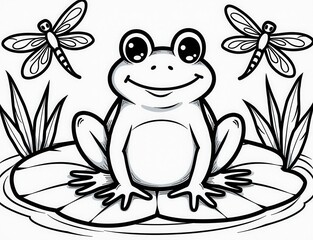 Coloring page of a happy frog on a lily pad with dragonflies. you can print it 