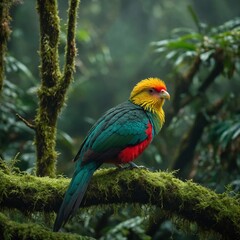 Fototapeta premium A striking golden-headed quetzal resting on a moss-covered branch in the rainforest.
