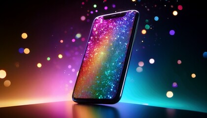 Obraz premium 虹色に輝くスマートフォン。コピースペースあり。AIで生成