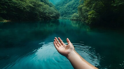 Hand reaching into a serene teal lake nestled in lush green mountains