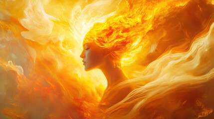 A vibrant depiction of a person whose head is a bright yellow and orange sunburst cloud, swirling energy and dynamic movement, bold streaks of fiery light and glowing embers surrounding them