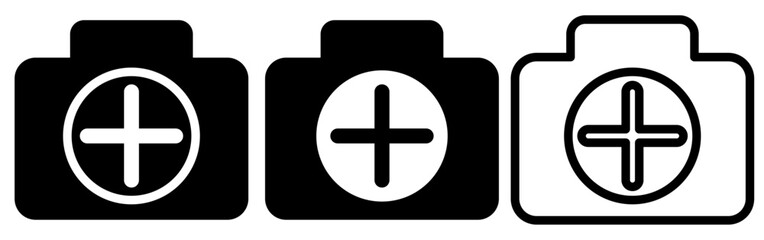 camera icon with plus sign, simple flat style, logo sign symbol vector illustration pictogram, isolated on white for mobile app