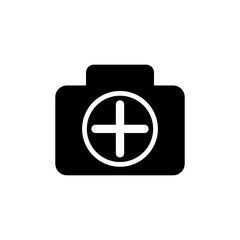 camera icon with plus sign, simple flat style, logo sign symbol vector illustration pictogram, isolated on white for mobile app