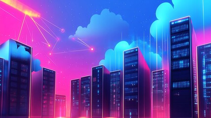 Naklejka premium Cyberpunk Cloud City: Servers and Networks in Neon Glow