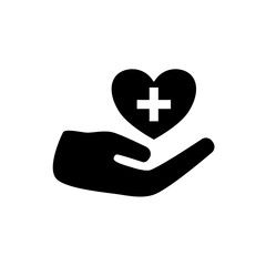 Obraz premium care icon, hand with heart and plus sign, simple flat style, logo sign symbol vector illustration pictogram, isolated on white for mobile app