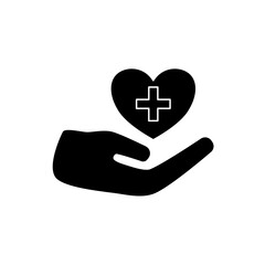 Obraz premium care icon, hand with heart and plus sign, simple flat style, logo sign symbol vector illustration pictogram, isolated on white for mobile app