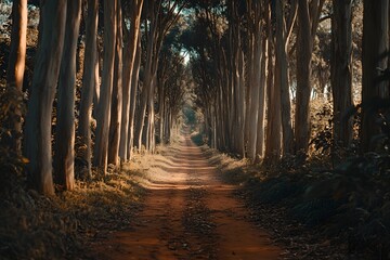 Sunlit dirt road through eucalyptus forest, peaceful nature scene